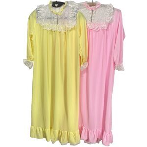 Vintage HER MAJESTY Nightgown Lot Girls 60s 70s Lace Long Yellow Pink Size 10 12